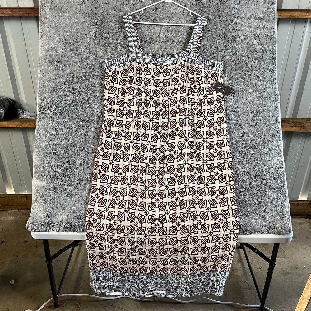 Vince Camuto Sundress Womens 3X White Rust Geometric Challis Smocked Back Boho